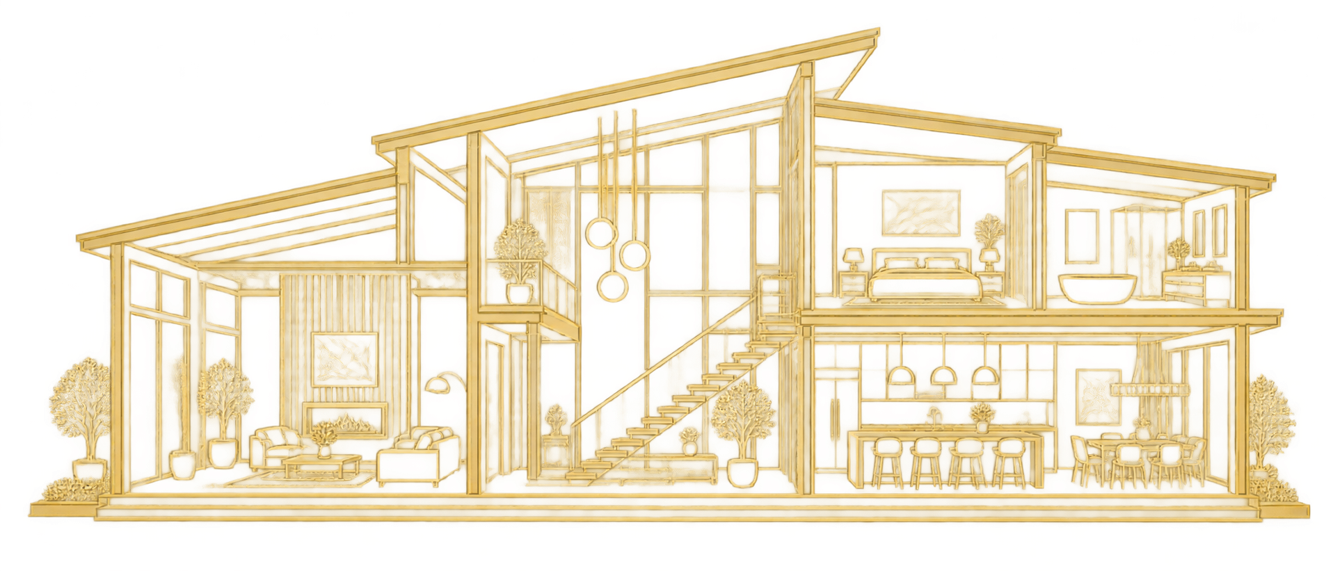 Cutaway line-art illustration of a two-storey home showing every room C&P Construction builds